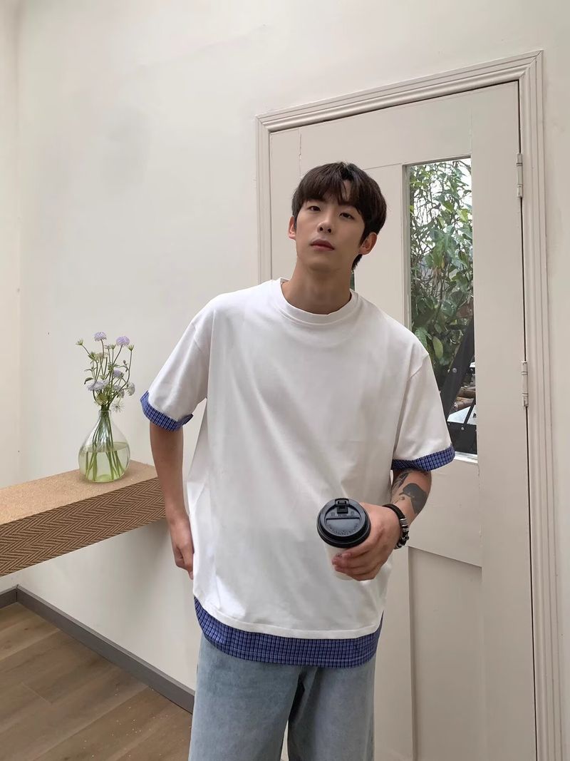 Street Casual Patch Splicing Round Neck Loose Short Sleeved Youth T-shirt_voghion.com