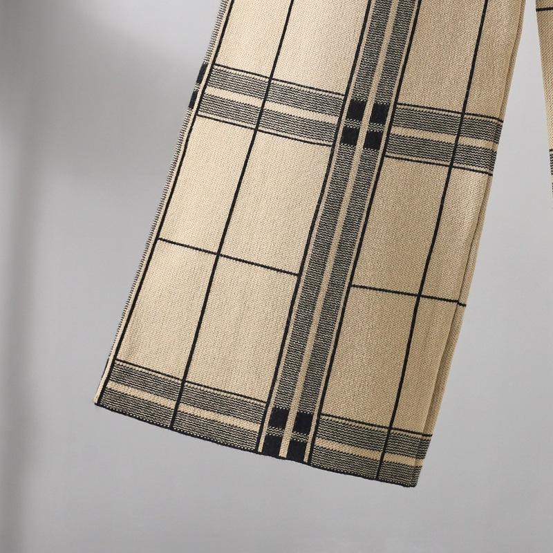 Damenbekleidung Retro karierte Hose mit weitem Bein, Damen-Herbst- und Winterversion einer geraden Hose mit hoher Taille, lockere, verdickte gestrickte Freizeithose_voghion.com