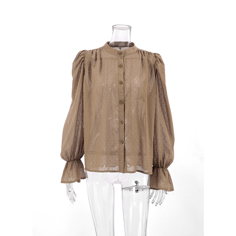 Camicia da donna in chiffon jacquard moda temperamento francese, nicchia femminile, camicetta con maniche a sbuffo e volant allentato_voghion.com
