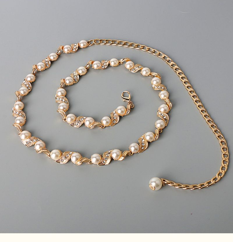 Diamond studded pearl belt for women's dress, Korean fashion versatile decoration, slim waist chain, metal chain dress_voghion.com