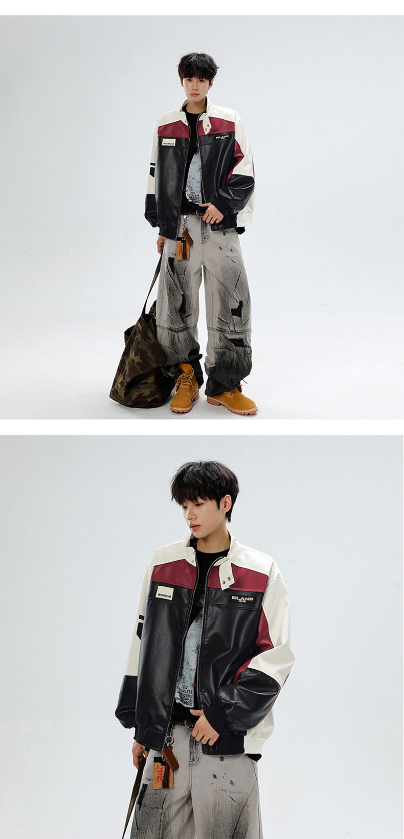 Combinaison de moto américaine en cuir PU pour homme, style automne, patchwork, col montant, style aviateur_voghion.com