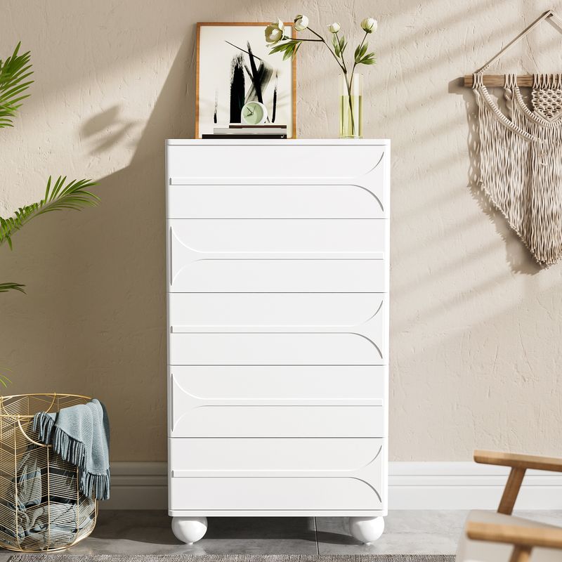 Kommode Weiß Mit 5 Schubladen, Prägedesign, Metallfüßen_voghion.com