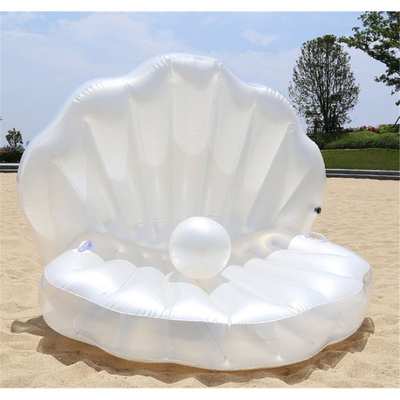 Trendy PVC Inflatable Shell With Balls Pearlescent White Scallop Bed Adult Water Swimming Ring Lounger Float_voghion.com
