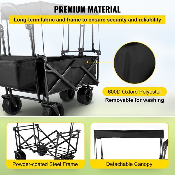 Extra Large Collapsible Garden Cart With Removable Canopy, Folding Wagon Utility Carts With Wheels And Rear Storage, Wagon Cart For Garden, Camping_voghion.com