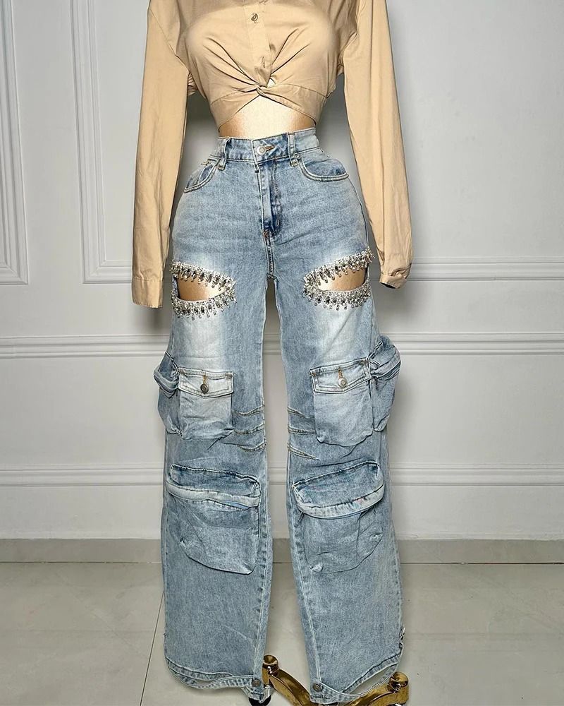 Damenbekleidung Hollow Diamond Overalls Stretch-Jeans mit mehreren Taschen für Damen_voghion.com