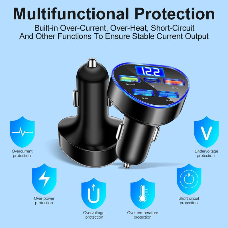 Music Festival  66W super fast in digital display 5-port with voltage charger, one to five multi port car charging_voghion.com
