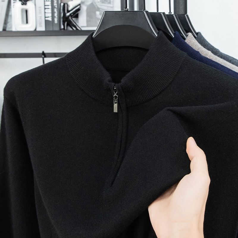 Pure 100% Base Layer Thickened Autumn Winter Men's Half-Zip Stand Collar Warm Knitted Wool Sweater_voghion.com