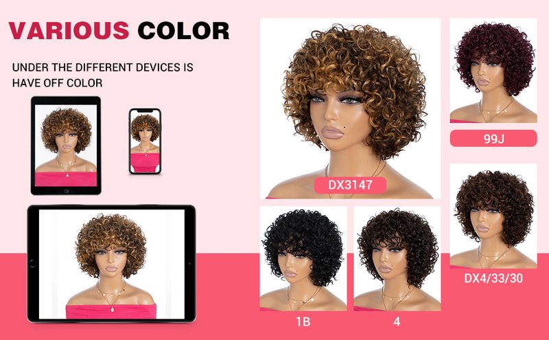 Parrucche ricce corte da 8 pollici alla moda con frangia Parrucche ricce per capelli umani per donne nere Capelli umani vergini brasiliani 10A Densità 150% Indossa e vai senza colla_voghion.com