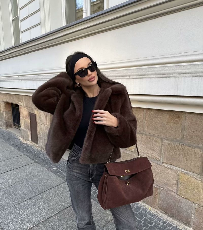 Cross-Border European And American Leather Effect Lapel Long Sleeve Woolen Coat 2025 Winter Fashion B88792_voghion.com