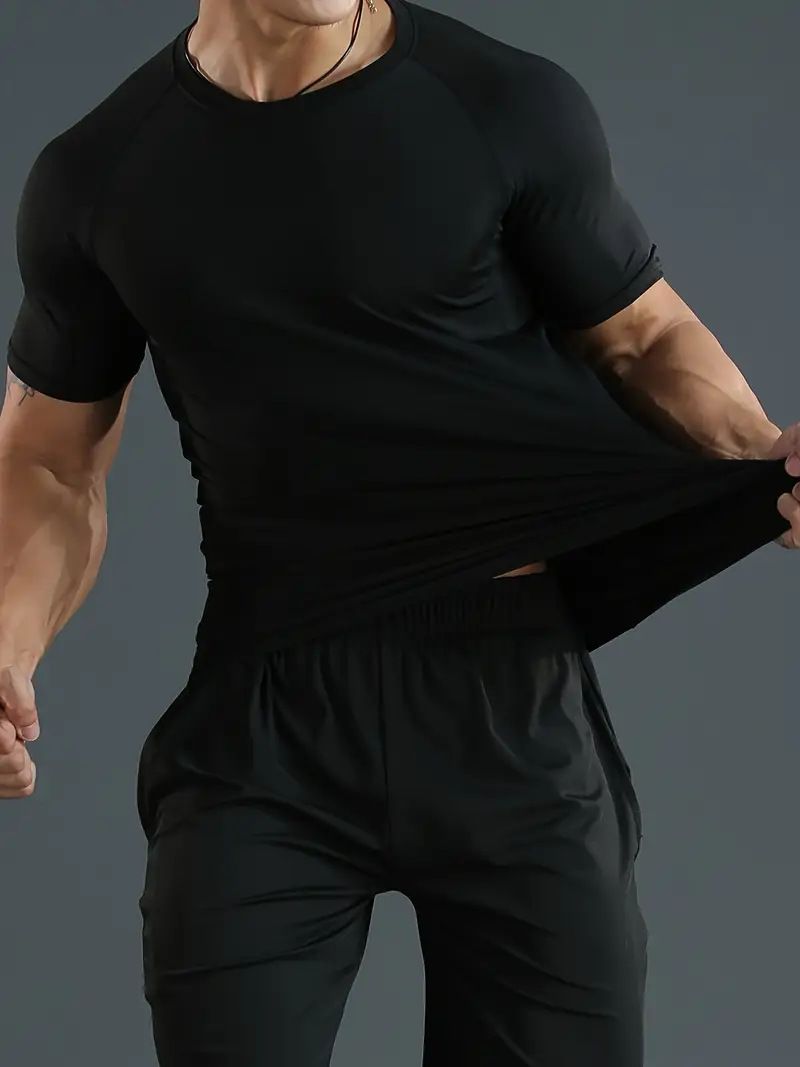 Maglietta a compressione ad asciugatura rapida da uomo, top da palestra ad alta elasticità con scollo rotondo, set da 7 colori per corsa e fitness_voghion.com