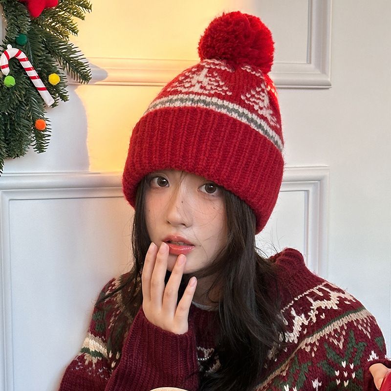 Gorro navideño rojo de lana para niños, ideal para el invierno. Grueso, cálido y con protección para las orejas. Perfecto para parejas, estudiantes y personas que buscan un gorro de punto resistente al frío._voghion.com