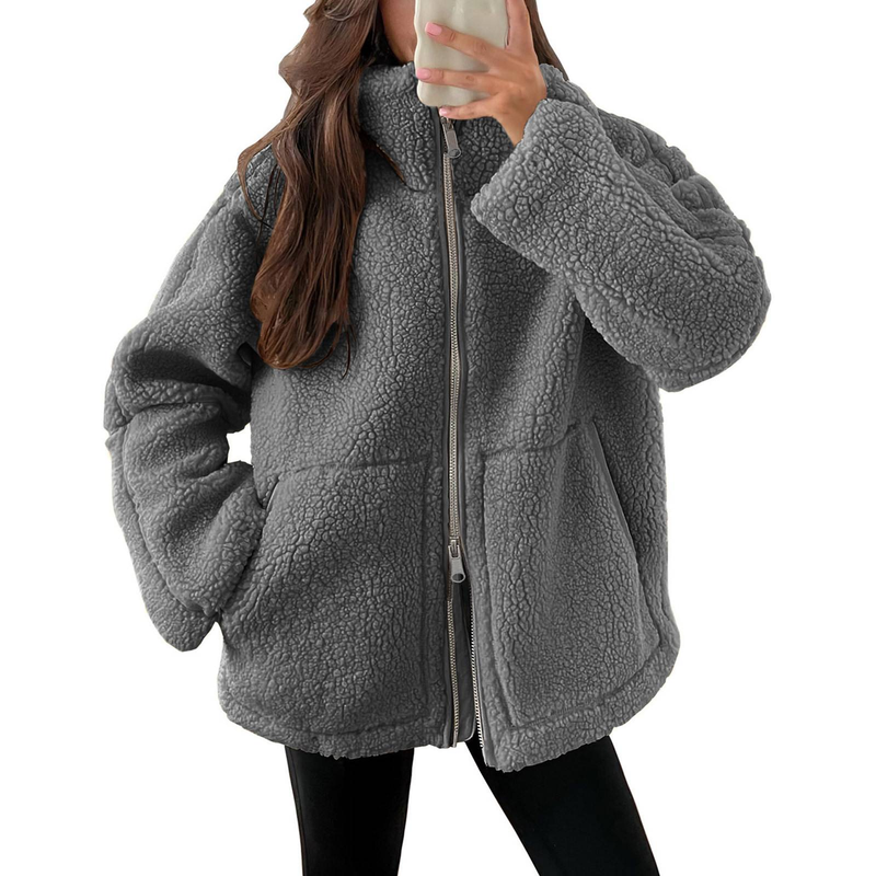 Winter Chic Mädchen Lamm Fleece Damen Kurze Jacke Reißverschluss Langarm Tasche Warmer Mantel Mode High Street Weibliche Oberbekleidung_voghion.com