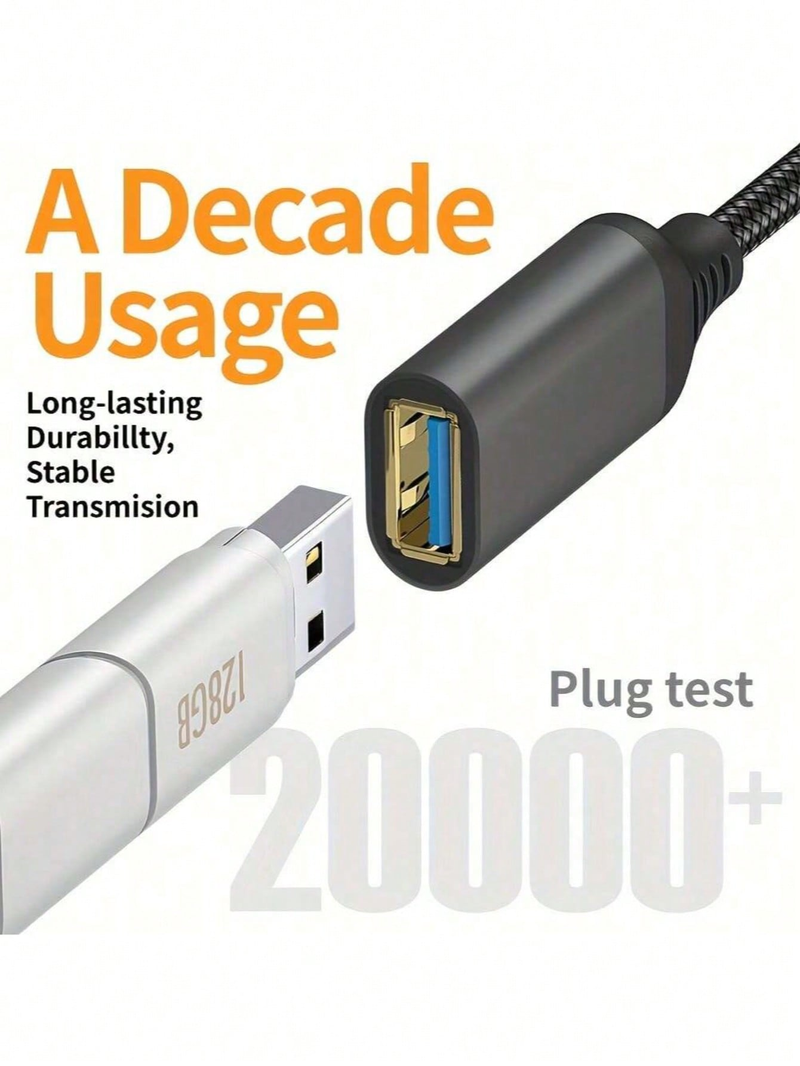 1pc Durable Nylon Braided USB 3.0 Extension Cable, 3.3FT, Type A Male To Female, 5Gbps High-Speed_voghion.com