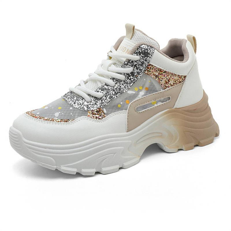 2025 Fashion Sneakers Women's Artificial PU Mesh Splicing Low Top Lace-Up Breathable Thick Sole Non-Slip Wear-Resistant Running Shoes_voghion.com