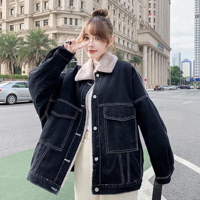 Giacca in denim da donna ampia con fodera in velluto – Classico stile da lavoro invernale indaco e nero_voghion.com