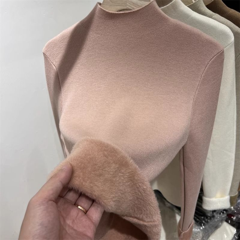 Damen-Strickpullover mit Fleecefutter und Halbrollkragen, langärmliges Thermo-Winteroberteil in sanften Pastellfarben_voghion.com