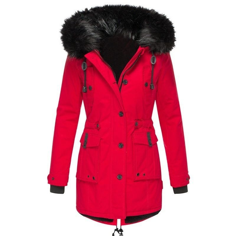 Winterjas voor dames met fleecevoering, dikke katoen, imitatiebontkraag, uitlopende zoom en lange mouwen. Casual bovenkleding._voghion.com