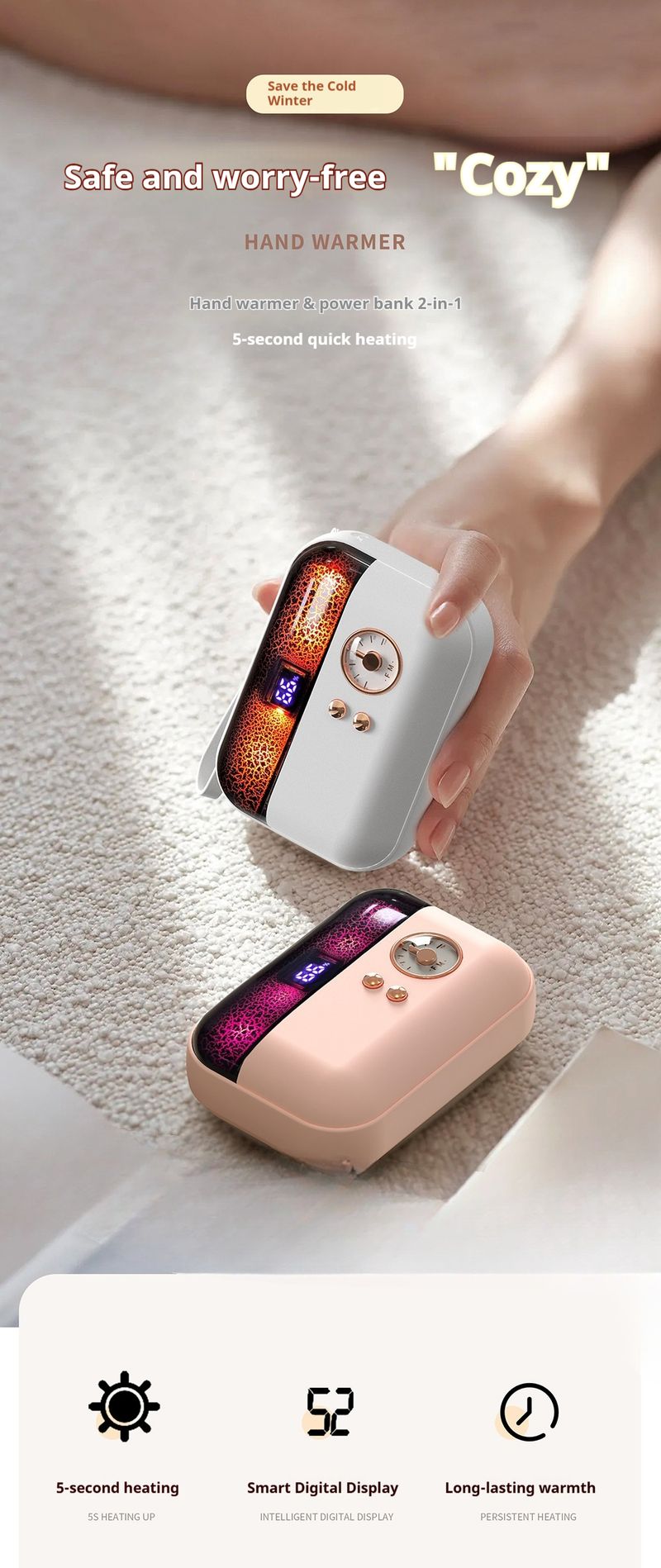 Scaldamani e power bank ricaricabile tramite USB – Cuscinetto riscaldante portatile da 4000 mAh con display digitale per viaggi invernali e uso all'aperto_voghion.com