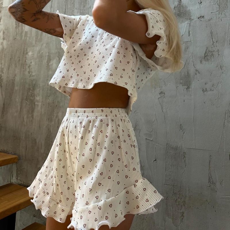 2024 New Women's Casual Printed Lotus Leaf Short Sleeve Round Neck Shorts Pajama Two-Piece Set_voghion.com