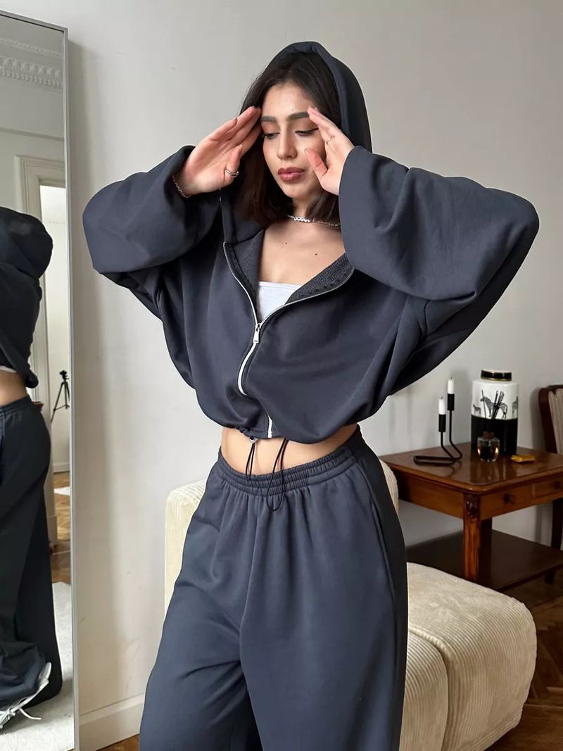 Women's Casual Suit Solid Color Long Sleeved Zipper Cardigan Drawstring Hooded Sweatshirt Sports Elastic Pants Two-piece_voghion.com