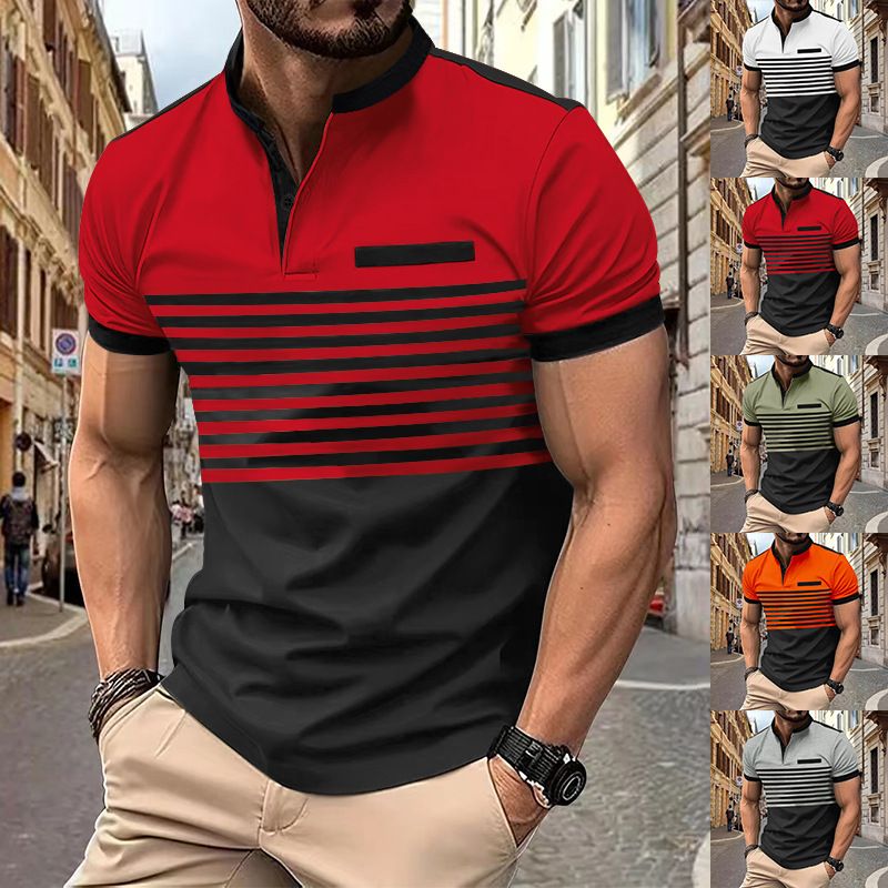 Polo da uomo a righe stampate con cerniera in saldo estivo 2024_voghion.com