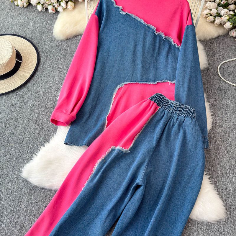 Damenbekleidung Designer-Jeanshemd mit Revers und Patchwork-Muster, langärmeliges Oberteil, Anzug für Frauen, hohe Taille, schmale, farblich passende Hose mit weitem Bein, zweiteiliger Anzug_voghion.com