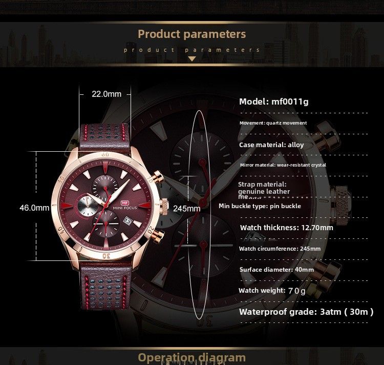 Men's Watch/Watch/Real Three Eyes Six Needles/Calendar Waterproof/Genuine Leather Strap 0011G_voghion.com