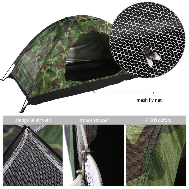 Tienda de campaña impermeable para una persona con protección UV y camuflaje para exteriores, ideal para acampar y hacer senderismo._voghion.com