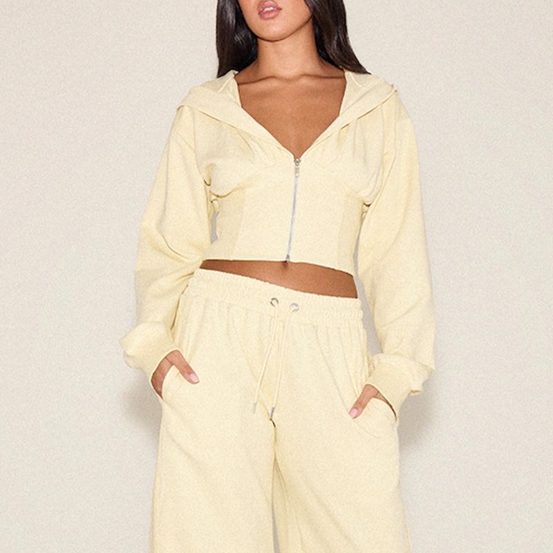 001 Cross-Border Herbst-Winter-Sportset für Damen, hochtaillierte Hose mit Kordelzug und weitem Bein, lässiges Crop-Top, kurze Kapuze_voghion.com