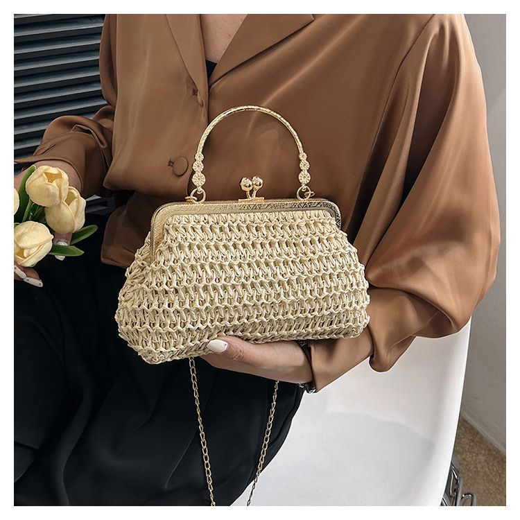 Borsa a tracolla da donna, borsa a mano intrecciata, borsa a conchiglia alla moda, borsa a mano con catena intrecciata in paglia alla moda per donna_voghion.com