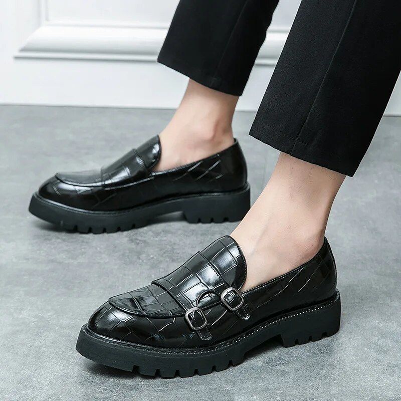 2023 New Large Size Double Needle Buckle Lefu For Men's Lacquer Leather, Bright Face, Heel, Thick Sole, High Height,_voghion.com