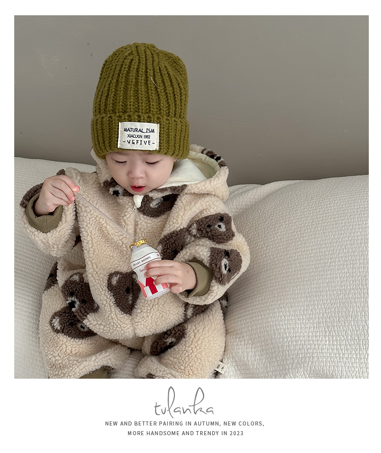 Babykleding Herfst- en winterkleding babybeerkop bedrukt pluche kruippakje_voghion.com