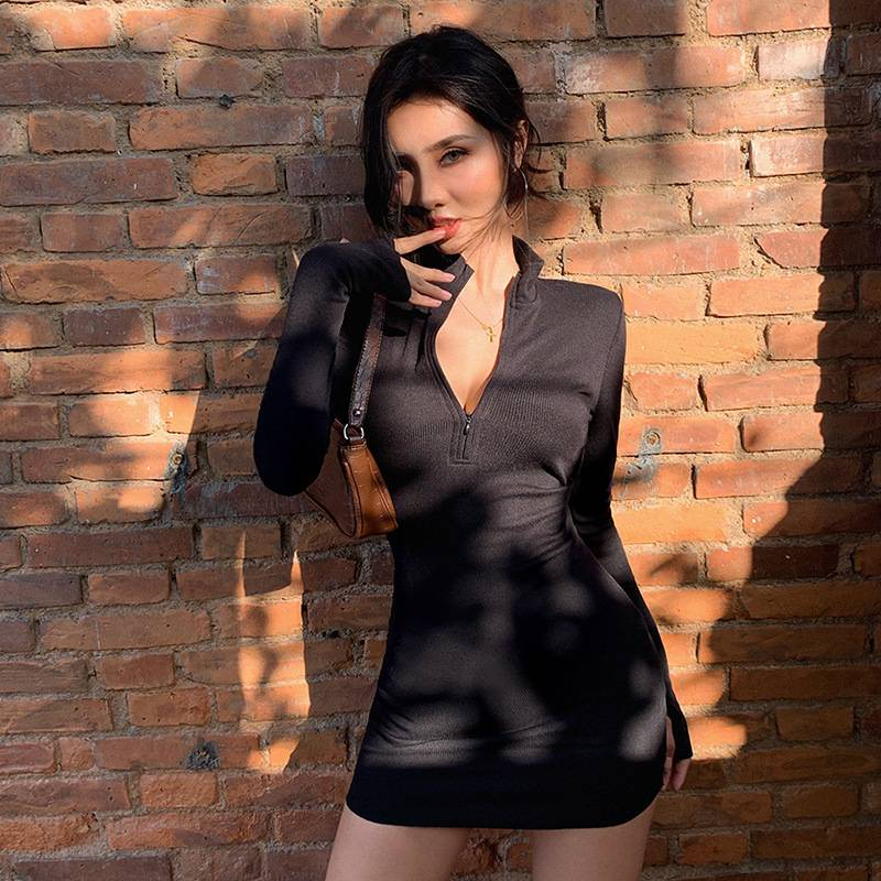 Robe moulante décontractée à col roulé pour femme, extensible, fine, douce, côtelée, mode automne hiver 2024, noire unie, fermeture éclair_voghion.com