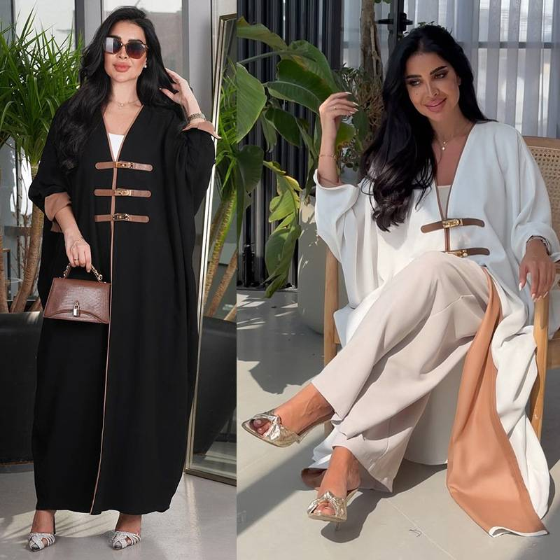 2025 New Dubai Moud Modest Solid Open Abayas Lieder Spannen Laang Ärm Kontrast Schwaarz Faarf Robe Ramadan Moslem Fraen Robe_voghion.com