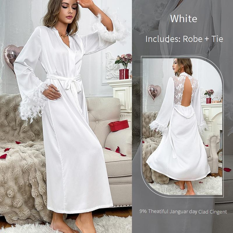 Damen Nachtwäsche Langes Nachthemd Spitze Satin Spleißen Pelzmanschetten Sexy Backless Home Kleidung Pyjamas Weiblich_voghion.com