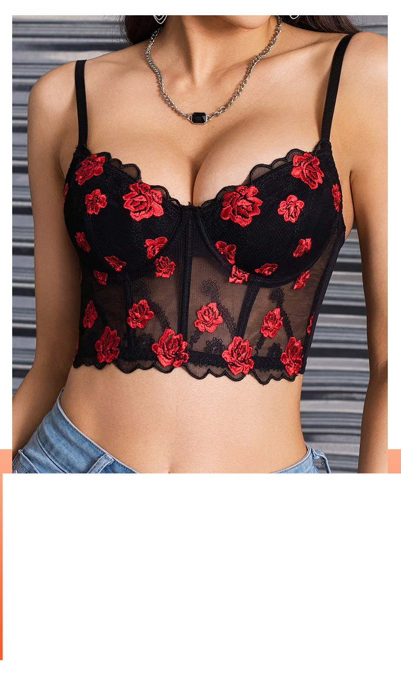 Exquisite Rose Lace Embroidered Sheer Mesh Bra Set With Adjustable 3-Row Hook & Eye Closure - Sensual Bustier Corset For Women_voghion.com
