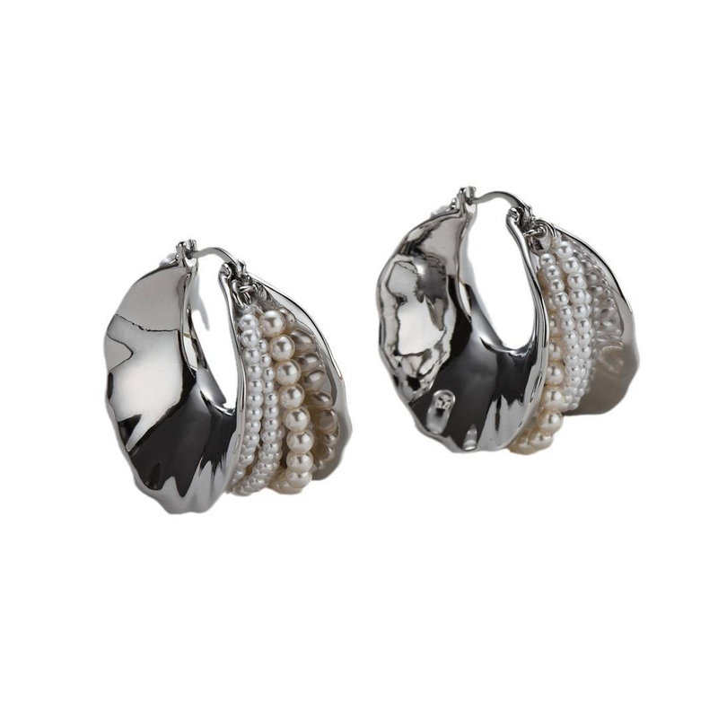 Women's Jewelry - Geometric Silver Textured Pearl Hoop Earrings, Minimalist Statement Earrings For Women, Fashionable And Elegant_voghion.com
