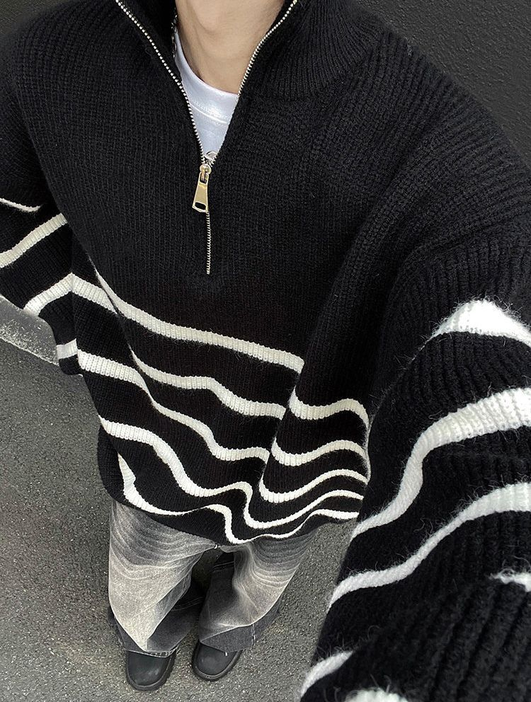 Herrenbekleidung Herren-Pullover mit halbem Reißverschluss und Streifen – Strickpullover mit Stehkragen (Paar-Stil, entspannte Passform)_voghion.com