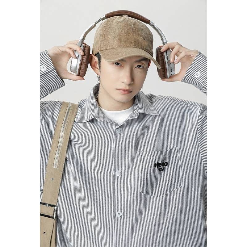 Men's Retro Stripe Long Sleeve Shirt, Contrast Color Loose Fit Casual Top With Embroidered Pocket, Spring & Summer Streetwear Shirt Jacket_voghion.com