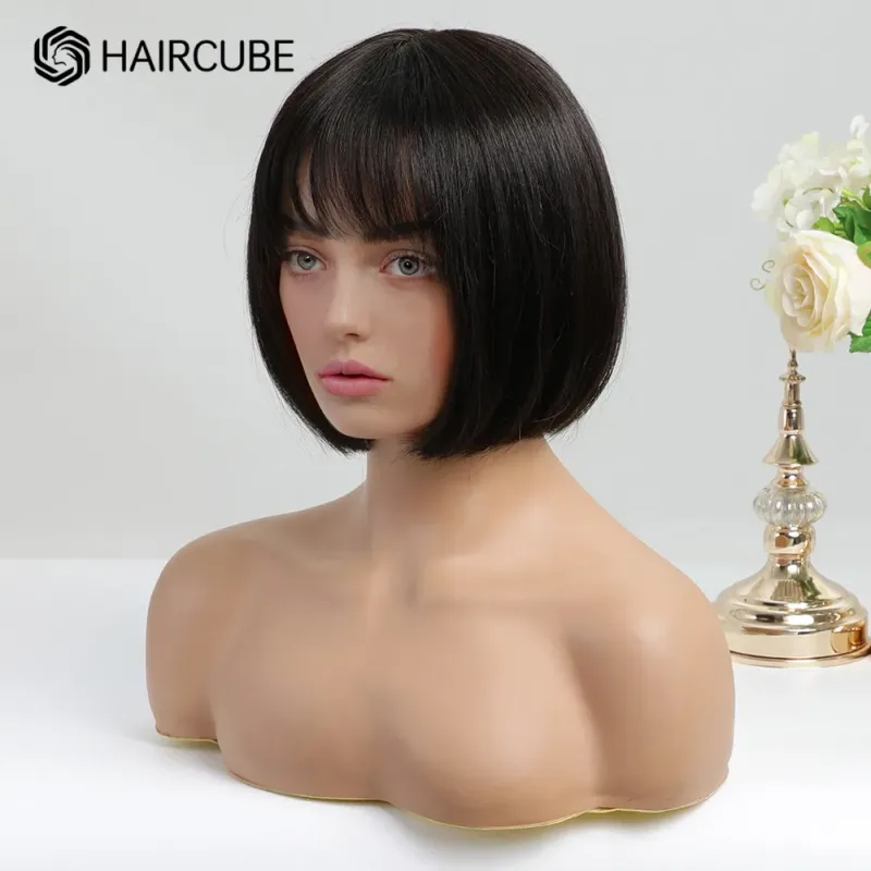 Bob-Perücke aus natürlichem, schwarzem, glattem Echthaar, kurz, 100 % Remy-Haar, mit Pony für Frauen_voghion.com