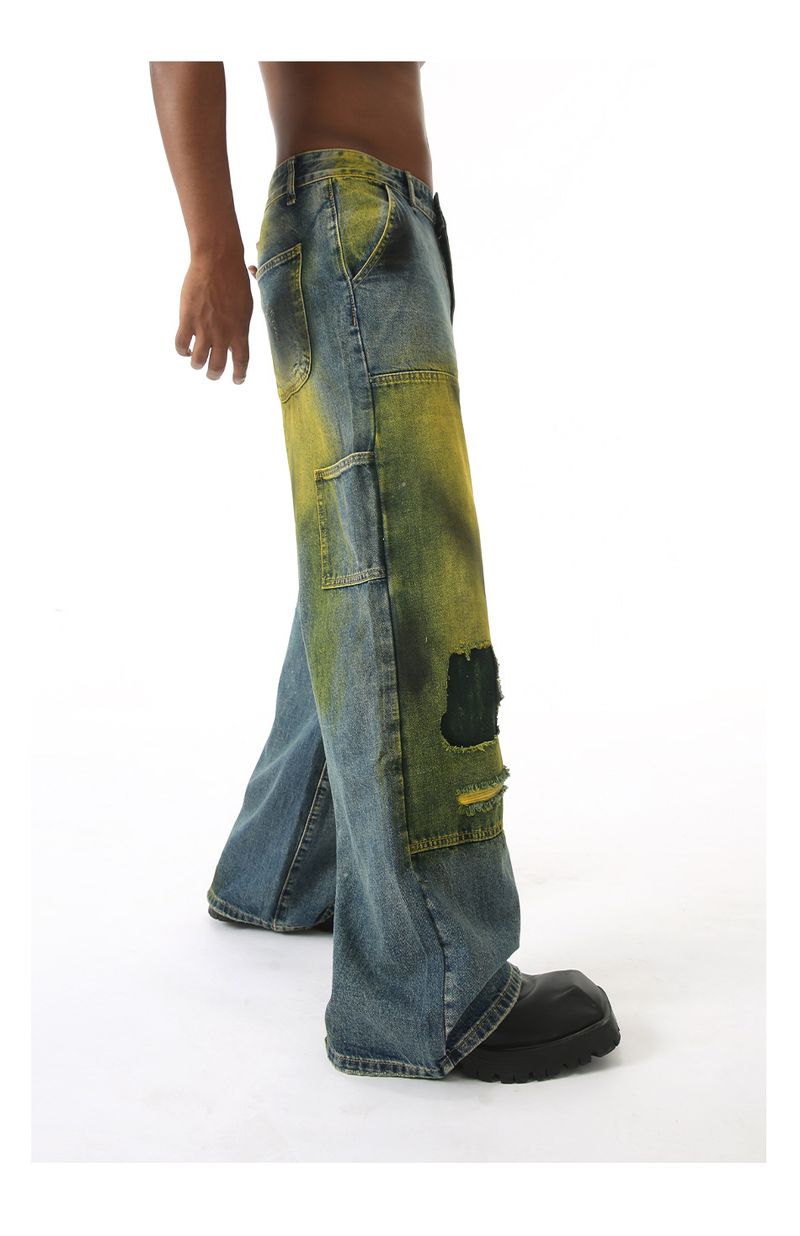EF JEANS | 2024 New Product, American High Street Loose Mopping Old Retro Tie-dye Ripped Jeans Tide_voghion.com