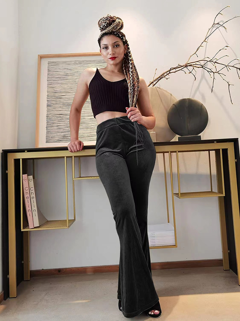 Pantaloni de damă din catifea, elastici, cu talie înaltă, tip clopot, casual, pentru femei_voghion.com