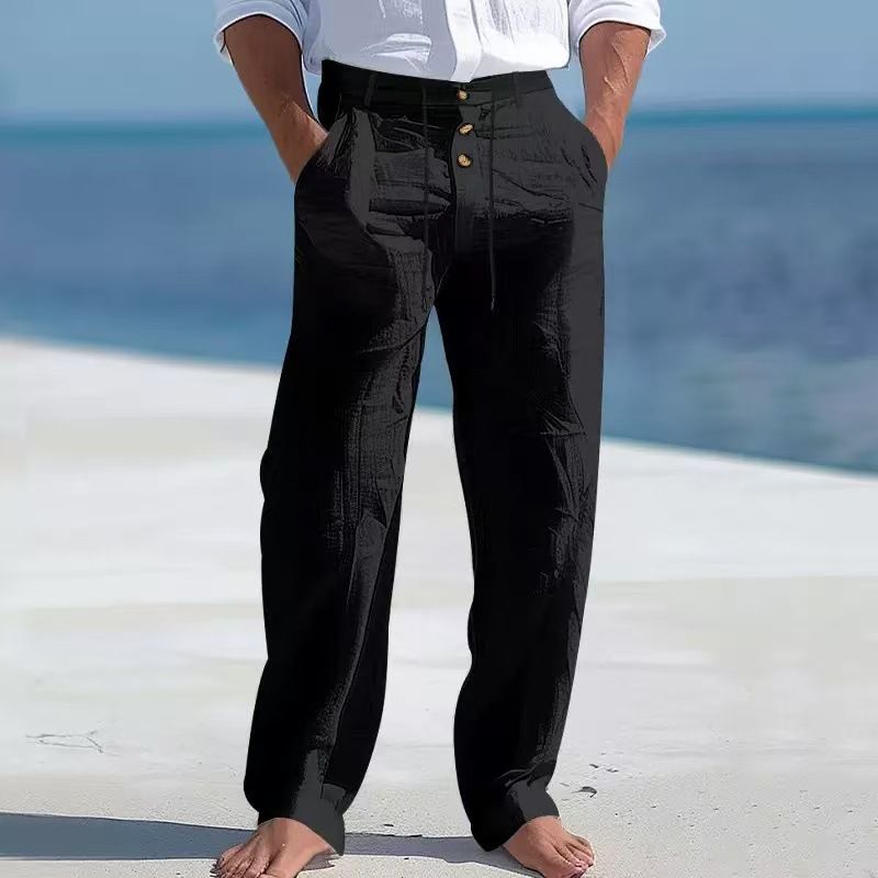 Men's Cotton Linen Drawstring Pants With Button Decor - Straight Leg Breathable Summer Beach Trousers For Casual Comfort_voghion.com
