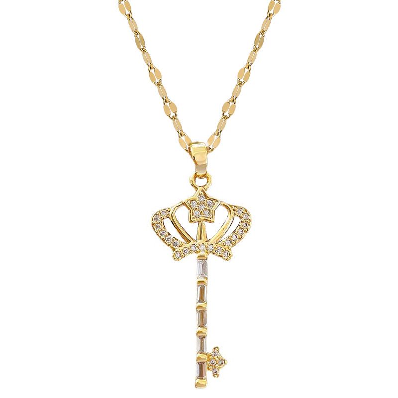 Hot sale Kroon en hanger ketting, gouden roestvrijstalen koningin sleutel decoratie, 45cm lang, 1 stuk_voghion.com