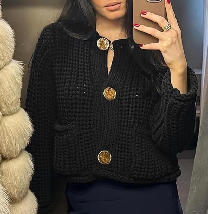 Women’s Chunky Knit Cardigan – Oversized V-Neck Button-Up Sweater (Red, Ivory, Navy, Army Green, Coffee, Black)_voghion.com