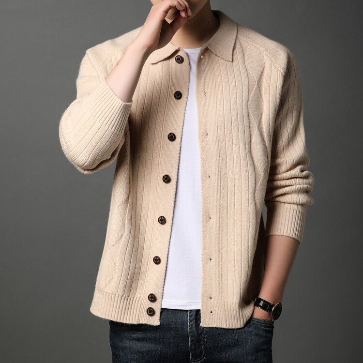 Thick knitted cardigan jacket autumn and winter jacquard casual fashion sweater, lapel top for men, trendy dad outfit_voghion.com