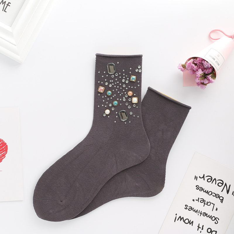 Autumn Winter New Solid Color Flat Short Boots and Set inlaid Hot Like Ceramic Diamond | Mid tube Stacked Women's Socks_voghion.com