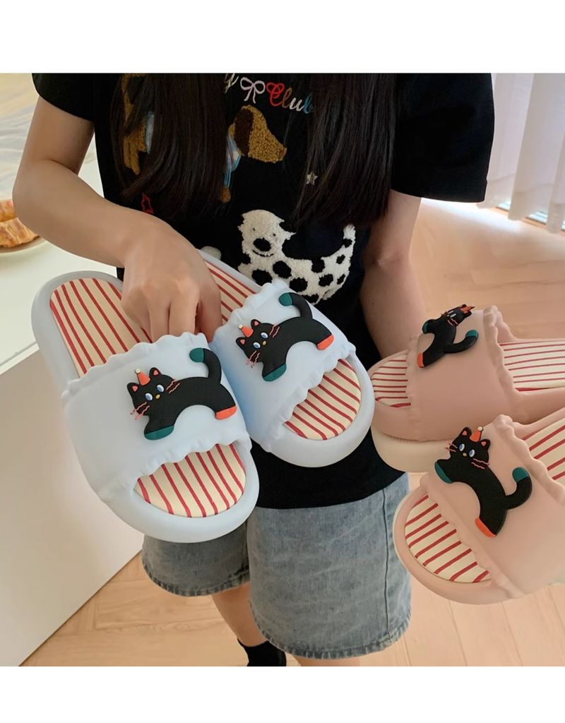 Thin Black Kitten Slippers Women's Summer Outwear Fashion Non Slip Japanese Style Color Matching Casual One-Word Sandals_voghion.com