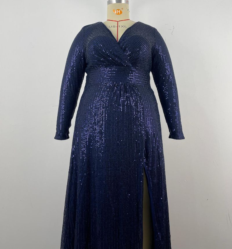 Elegant Plus Size Evening Gown With Sequins - V-Neck Long Sleeve Formal Dress For Wedding, Banquet & Special Occasions (Blue/Black/Wine Red, 0XL-5XL)_voghion.com