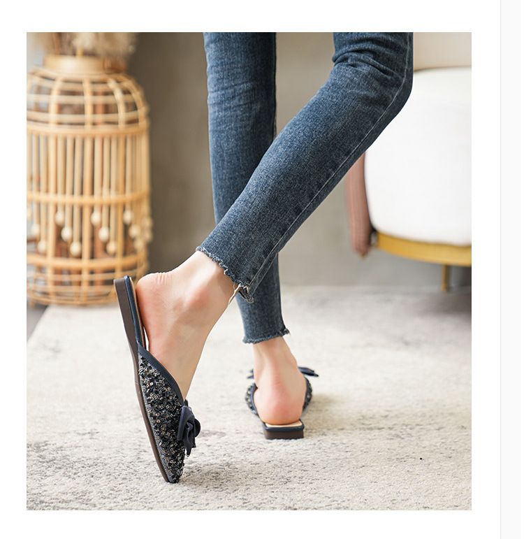 Halbschuhe Damen Sommer Neue Ein-Pedal-Tasche Kopfschuhe Flache Sohlen Strass Sandalen Große Größe 41-43_voghion.com
